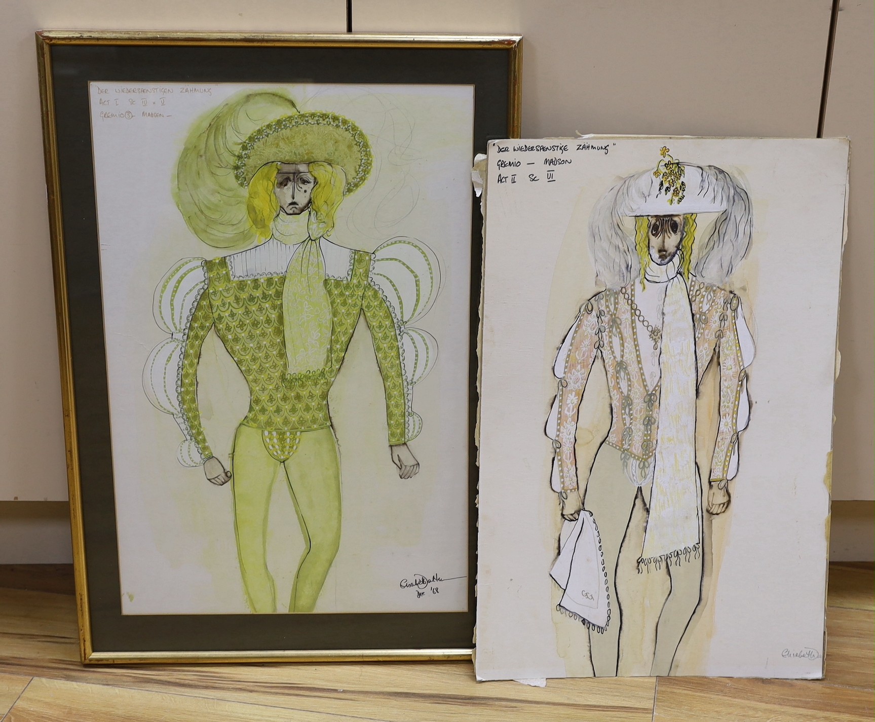 Elizabeth Dalton (1950-2013), two costume designs for The Taming of the Shrew, signed, one dated '68, largest 60 x 38cm, one unframed